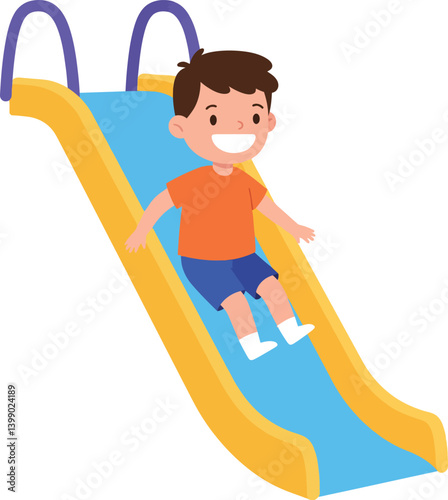Happy boy sliding down a colorful slide in a playful flat vector illustration