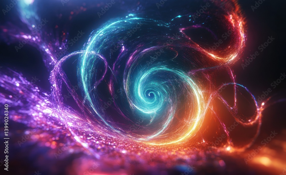 Neon Light Pulses in Artificial Intelligence Network and Cosmic Energy Swirl 3D Illustration Neon Light Pulses in Artificial Intelligence Network and Cosmic Energy Swirl 3D Illustration