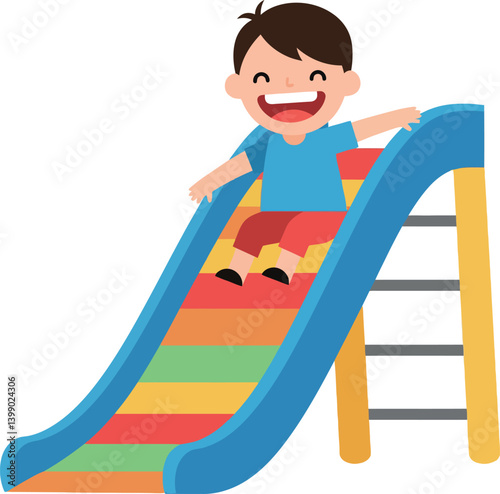 A cheerful boy sliding down a colorful playground slide in minimal vector art