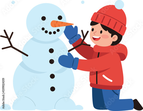 A cheerful boy building a snowman in a cozy winter scene with flat vector art