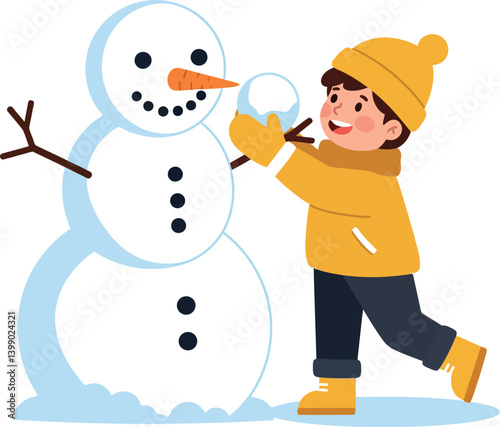 A cheerful child building a snowman in a winter landscape with flat vector art