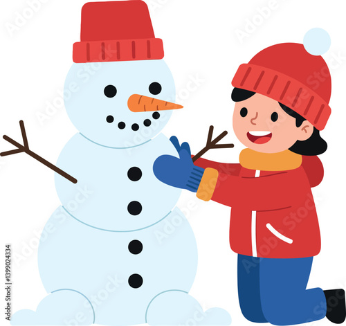 Happy child building a snowman in vibrant winter attire, flat vector illustration
