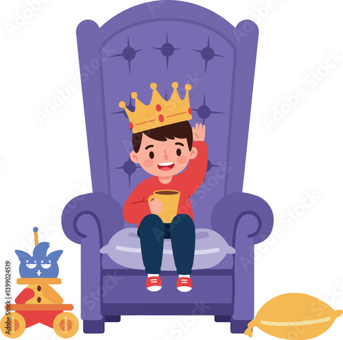 Happy boy wearing a crown sitting on a purple throne with toys in a playful vector illustration
