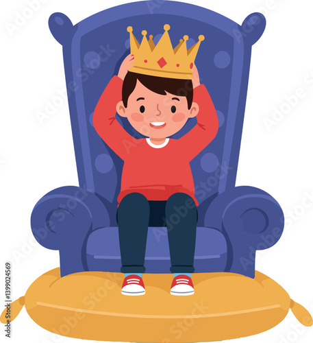 A cheerful boy wearing a crown sitting on a plush chair in a flat vector illustration