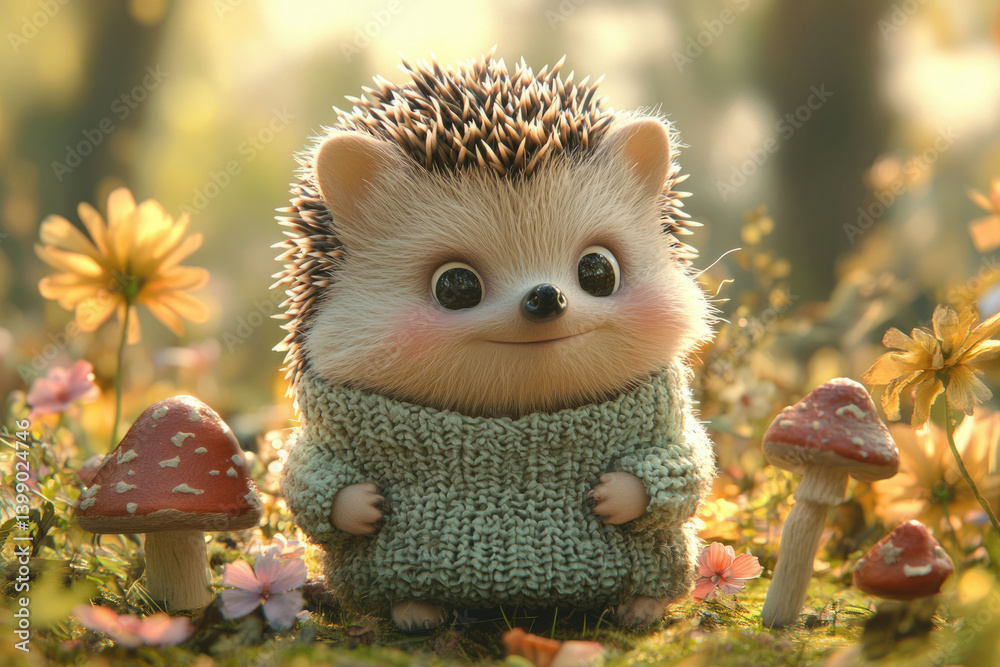 Adorable hedgehog in a knitted sweater, surrounded by autumn flowers and mushrooms. Adorable hedgehog in a knitted sweater, surrounded by autumn flowers and mushrooms.