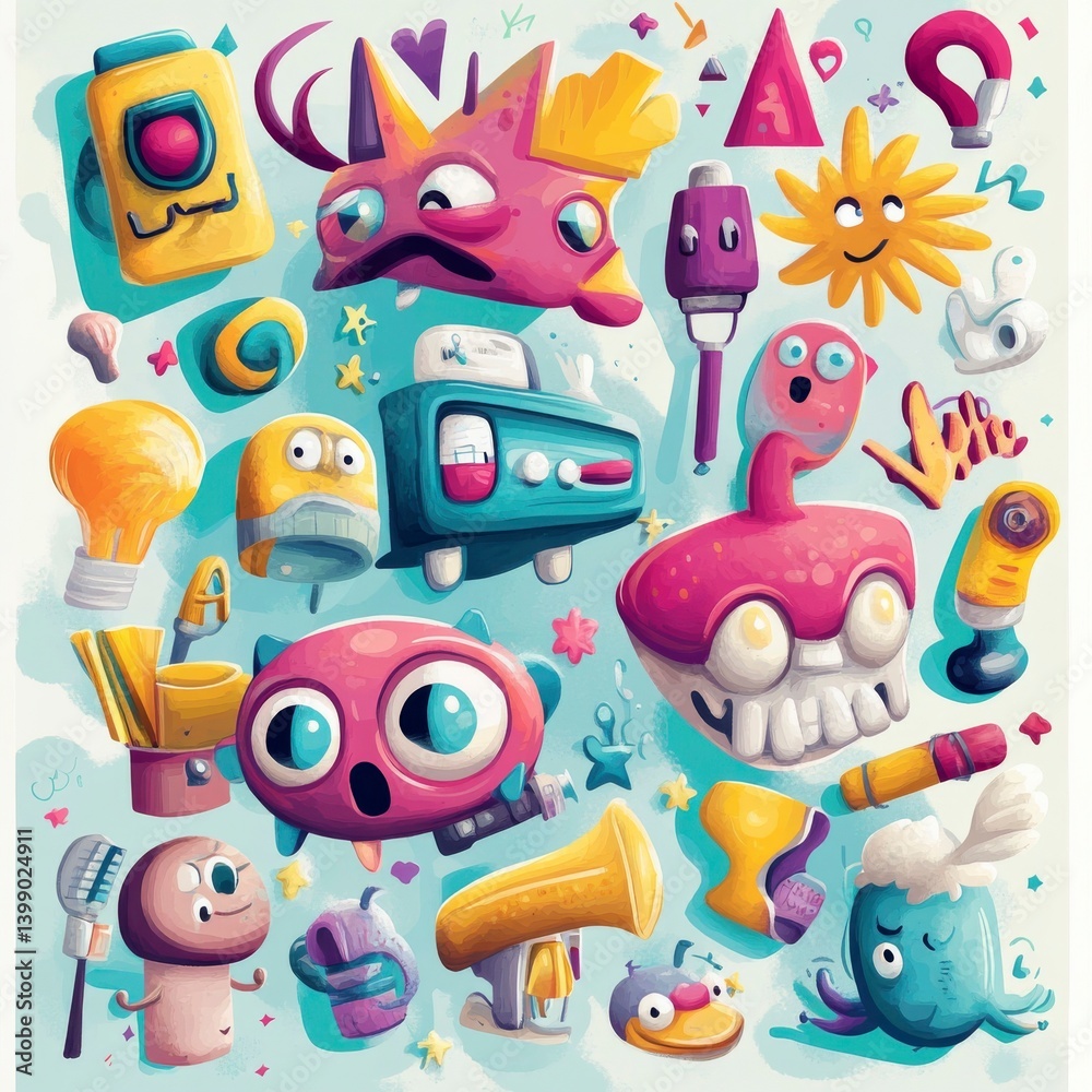 Naklejka premium A whimsically artistic composition featuring an array of quirky, cartoon-like creatures and objects set against a soft, textured background.