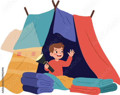 A cheerful boy in a colorful blanket fort using a flashlight in a playful, minimal vector illustration