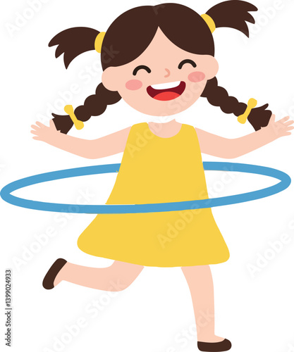 Happy girl in yellow dress joyfully hula hooping in flat vector art