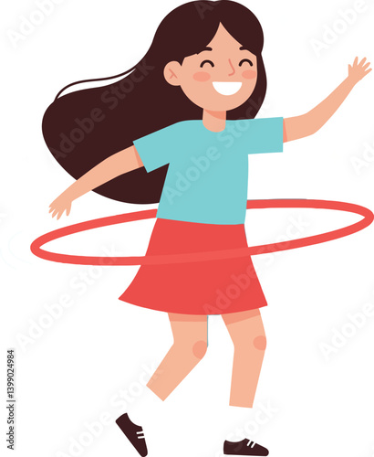 Cheerful girl playing with a hula hoop in flat vector art style