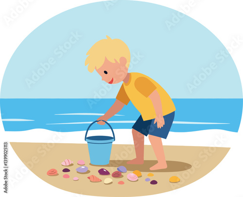 Young boy collecting colorful seashells on a sandy beach in flat vector art