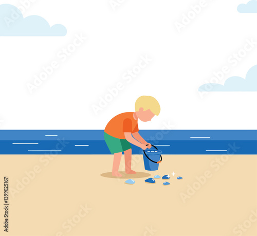 A young boy collecting seashells at the beach in a minimal, colorful vector illustration