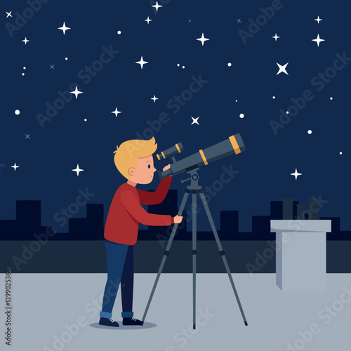 A young boy observing stars through a telescope in a flat vector art style at night