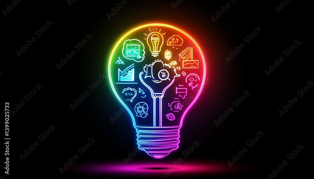 Bright glowing lightbulb with multicolored icons, symbolizing creativity and innovation, dynamic neon glow, futuristic design, hightech vibe
