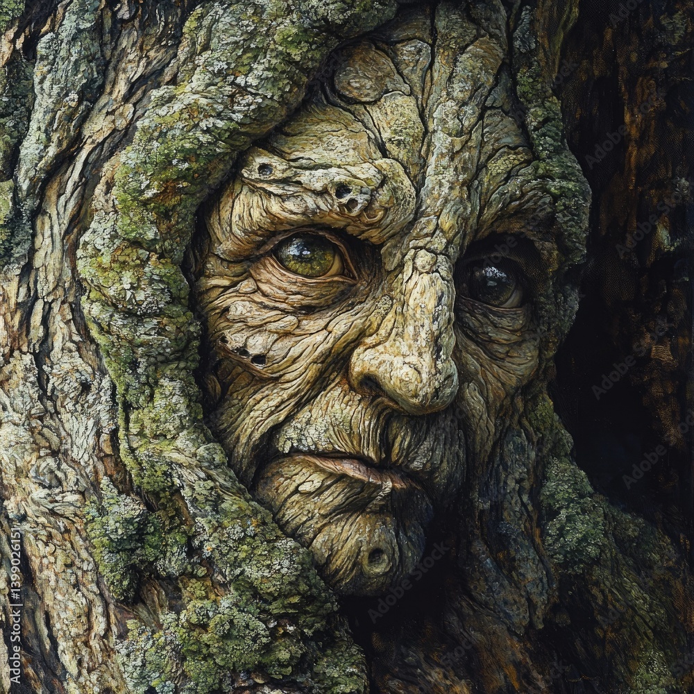 Ancient tree face, weathered and wise. Detailed bark, mossy texture, and an old, solemn visage Ancient tree face, weathered and wise. Detailed bark, mossy texture, and an old, solemn visage