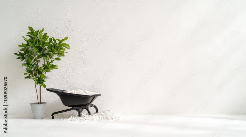 A potted green plant beside a black wheelbarrow on a white background, and minimalist interior design with clean and simple composition.