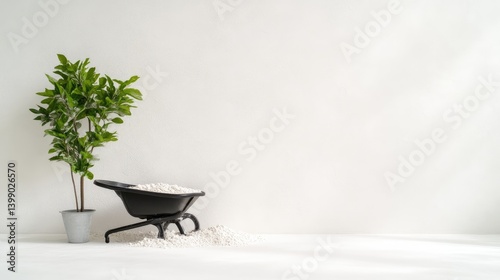 Obraz na płótnie A potted green plant beside a black wheelbarrow on a white background, and minimalist interior design with clean and simple composition. w salonie