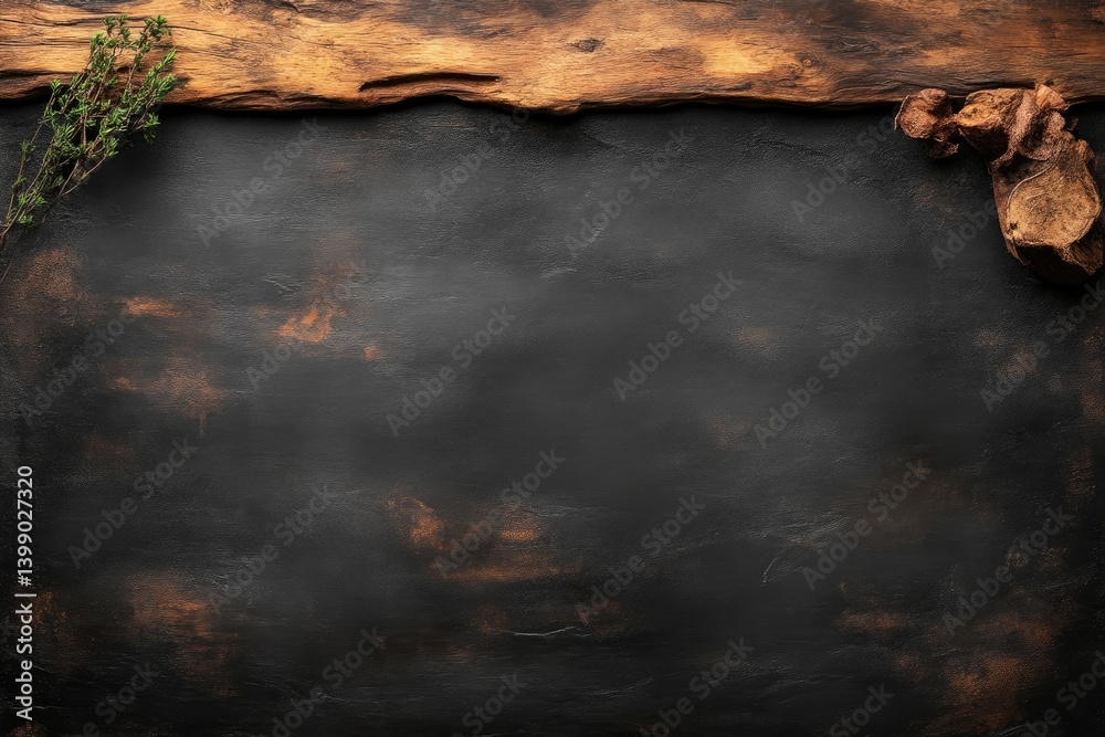 Rustic dark surface with wood plank and herbs
