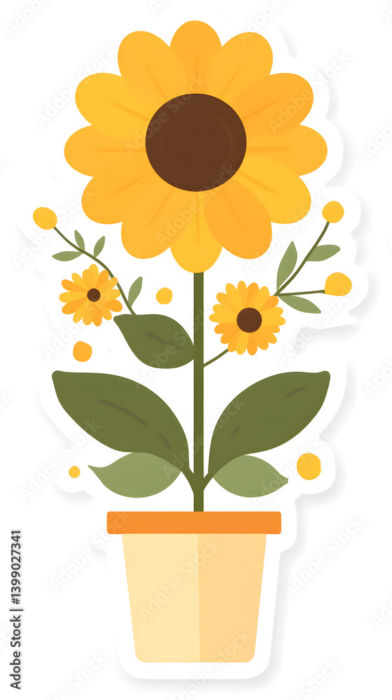 Obraz premium Sunflowers Blooming in a Pot: A Vibrant Display of Yellow Petals and Green Leaves, Adding Cheer to Any Space