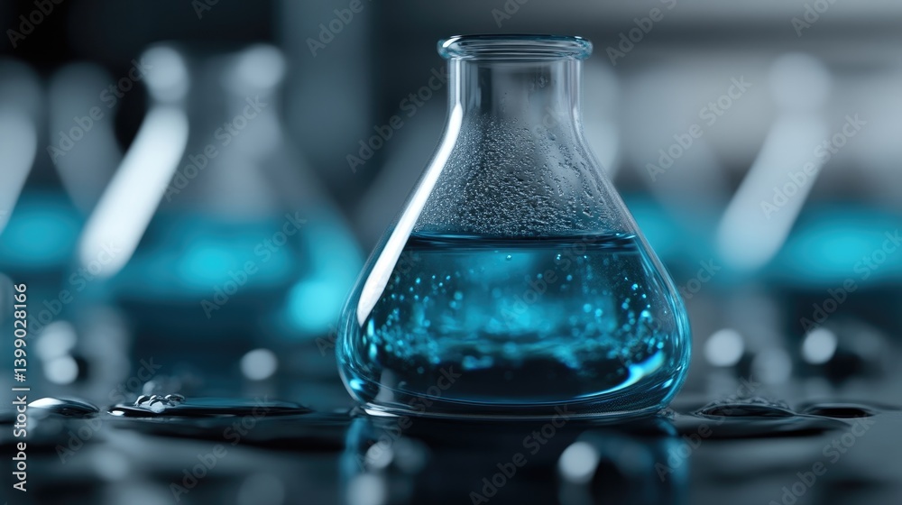 Teal liquid in flask, laboratory setting