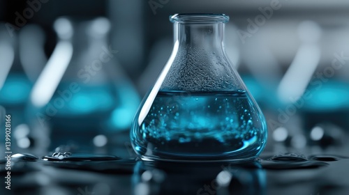 Obraz na płótnie Teal liquid in flask, laboratory setting w salonie