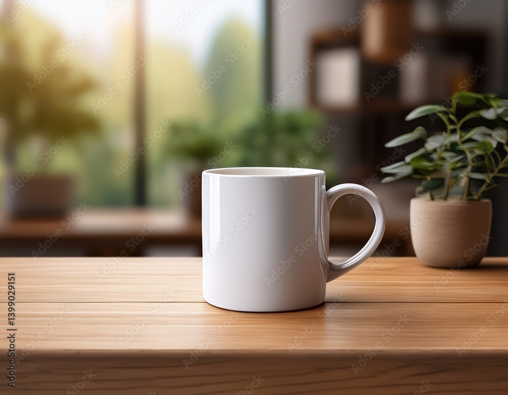White ceramic mug on wooden table in bright, modern interior with green plants