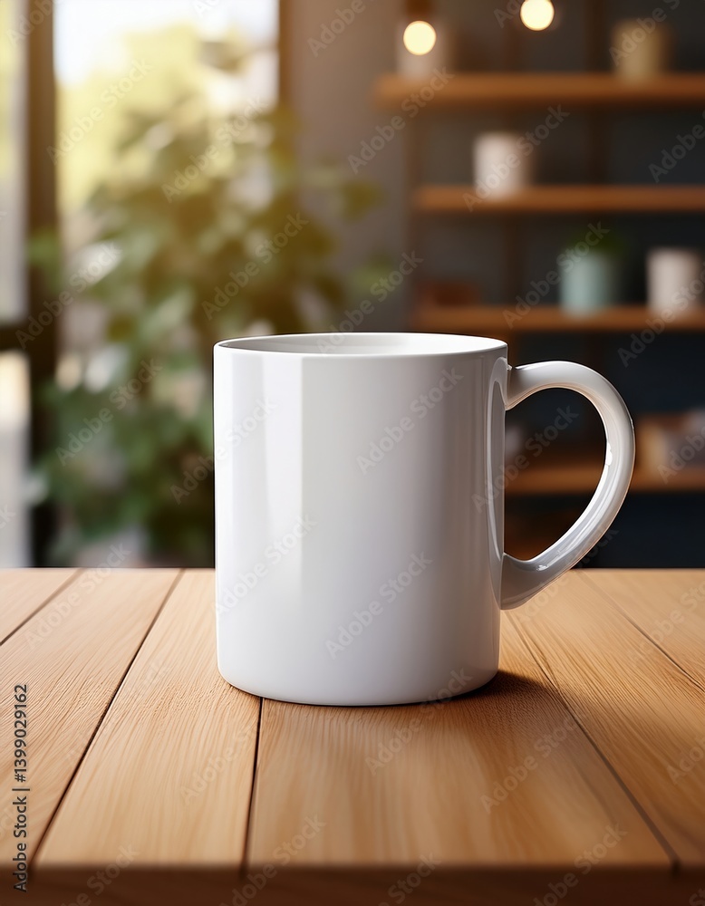 Simple white coffee mug on wooden table with blurred background in cozy cafe setting,mockup Simple white coffee mug on wooden table with blurred background in cozy cafe setting,mockup