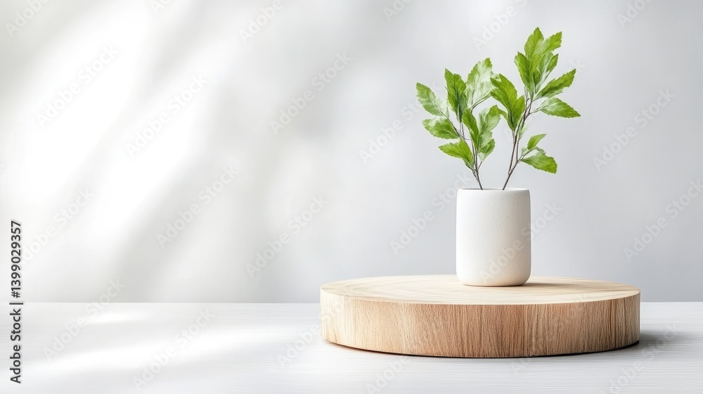 Minimalist plant display on wooden pedestal