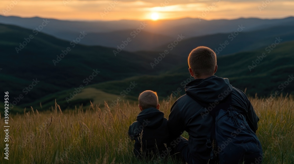 Father and son enjoying sunset mountain view