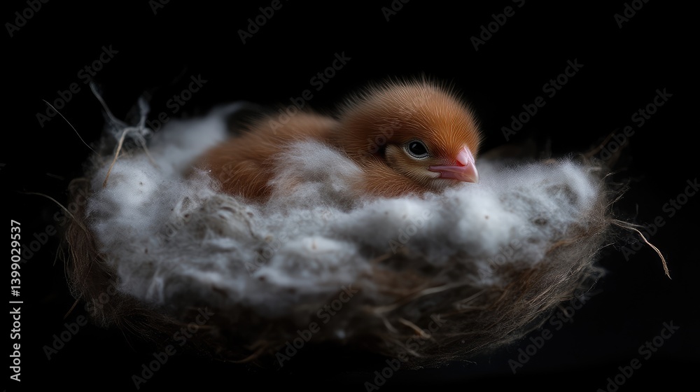 Tiny, fluffy bird chick nestled in a soft nest