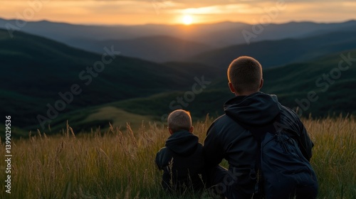 Obraz na płótnie Father and son enjoying sunset mountain view w salonie
