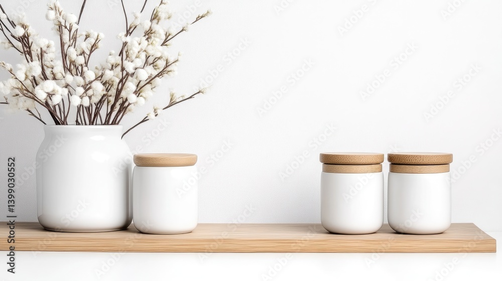 A white ceramic vase with delicate branches on wooden shelf alongside three white jars with wooden lids, and minimalist home decor arrangement.