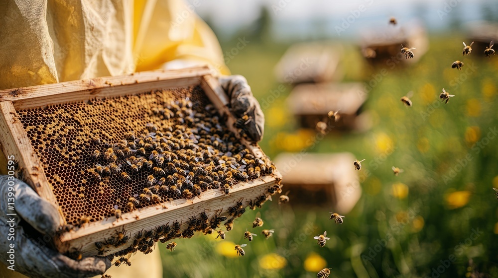 Beekeeper Handling Honeycomb Frame Surrounded by Beehive and Flowers Beekeeper Handling Honeycomb Frame Surrounded by Beehive and Flowers