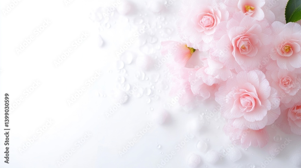 Delicate pink camellia flowers in full bloom on a soft white background, close-up composition with gentle bokeh, and floral beauty concept.
