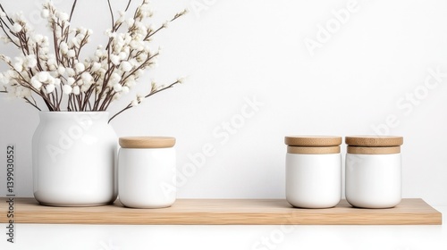Obraz na płótnie A white ceramic vase with delicate branches on wooden shelf alongside three white jars with wooden lids, and minimalist home decor arrangement. w salonie