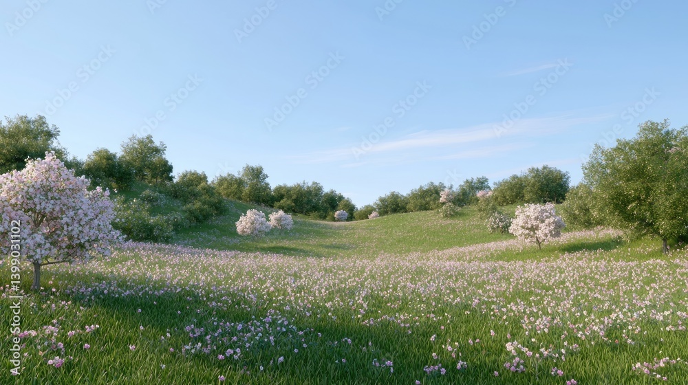 Spring meadow with blooming trees. Lush, grassy hills covered in wildflowers and blossoming trees under a clear sky