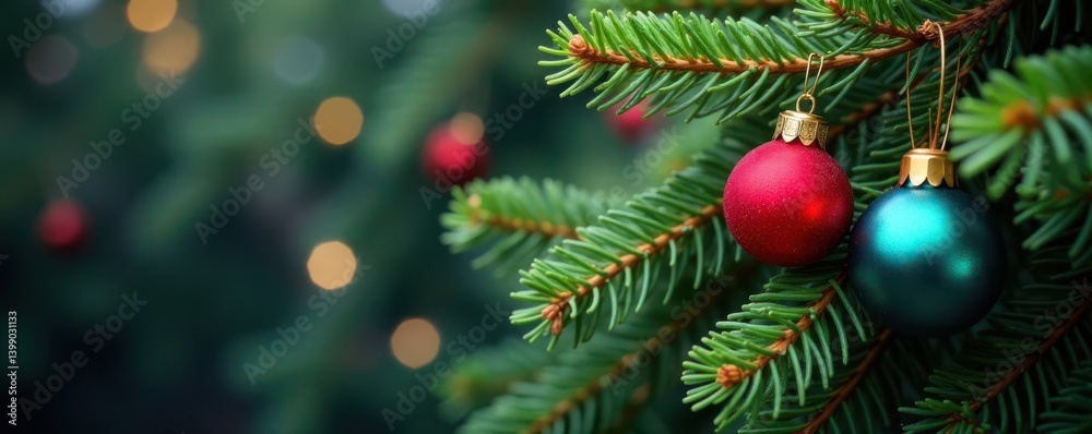 Fir tree branches with ornaments and pinecones, tree branch, Fir tree branches with ornaments and pinecones, tree branch,