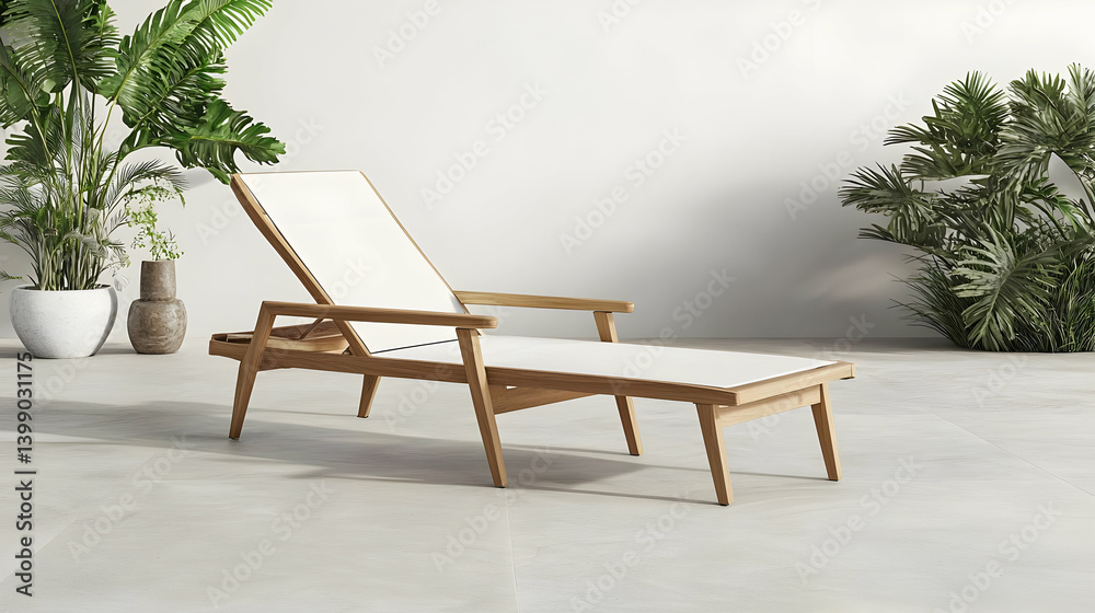 Modern Wooden Sunbed With White Canvas In Outdoor Patio Modern Wooden Sunbed With White Canvas In Outdoor Patio