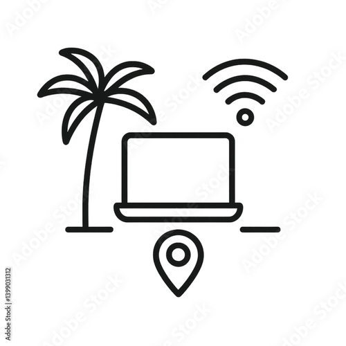 Digital Nomads Icon: Laptop, Palm Tree, Wi-Fi Signal, Minimalist Design  