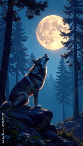 Forest landscape with a large wolf howling at full moon, creature, nature