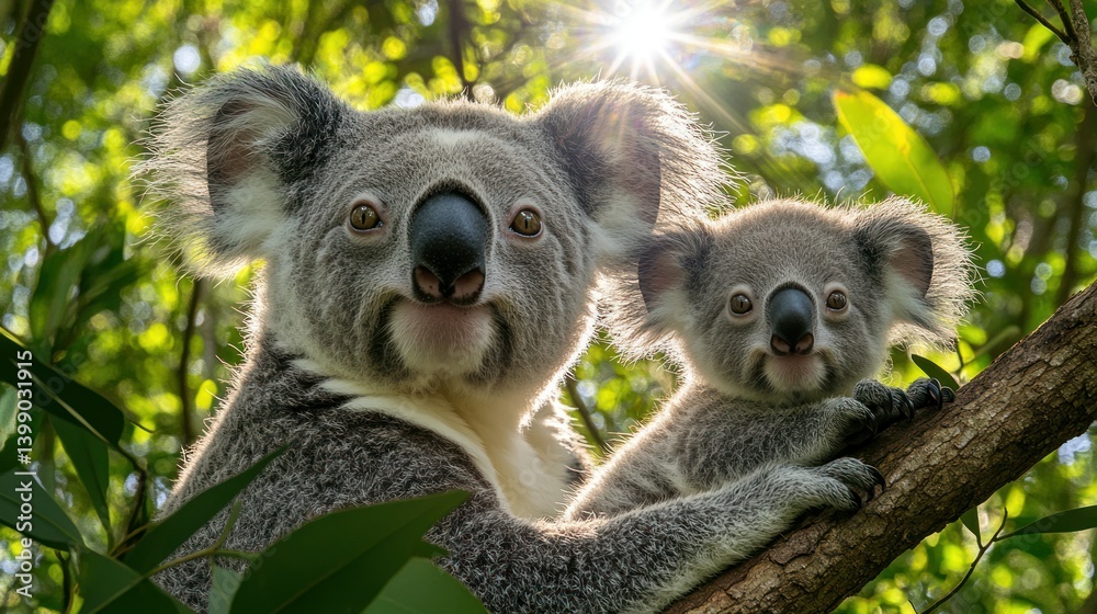 Obraz premium Koala mother and joey in a tree (4)