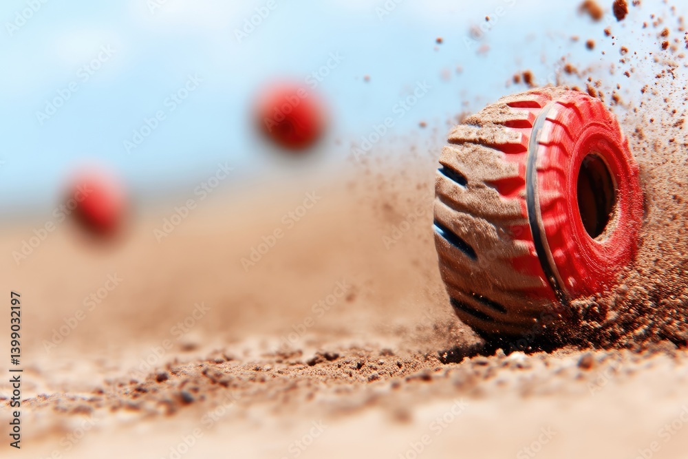 A red tire, kicking up dust, on a dirt surface. Blurred balls in the background