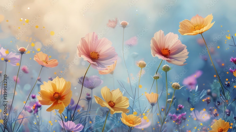 Pixelated Field Of Colorful Flowers In Full Bloom Under Soft Sunlight And Blue Sky Background Pixelated Field Of Colorful Flowers In Full Bloom Under Soft Sunlight And Blue Sky Background