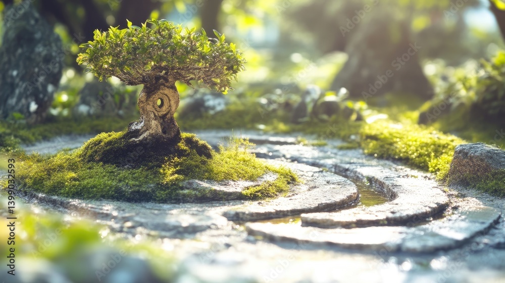 Miniature zen garden, tranquil scene, featuring small bonsai tree, moss, and winding pathways. Peaceful and serene setting