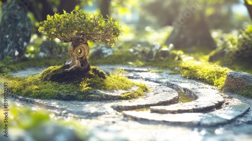 Obraz na płótnie Miniature zen garden, tranquil scene, featuring small bonsai tree, moss, and winding pathways. Peaceful and serene setting w salonie
