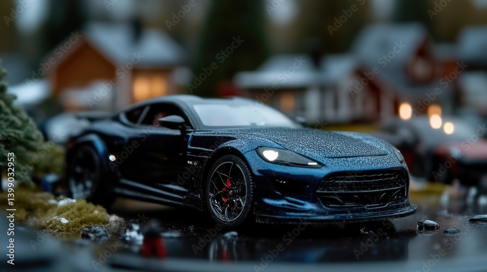 Miniature sports car in a wintery diorama