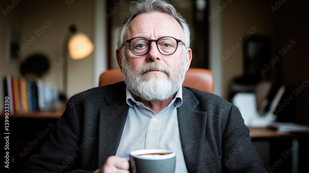 Focused mature man holding coffee mug