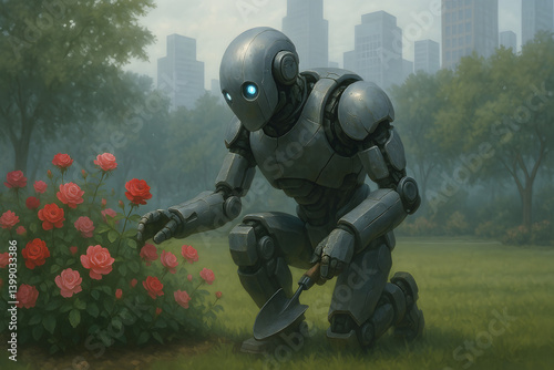 AI Robot Gardening Roses in Urban Park Landscape