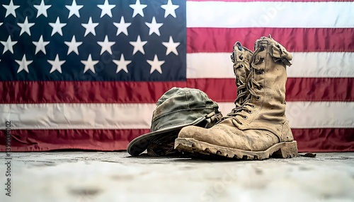 Worn Boots & Helmet, Flag photo