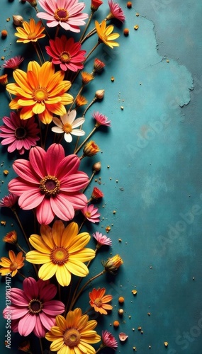 Intricate stack of dried blooms, textured backdrop , surface, still life, background