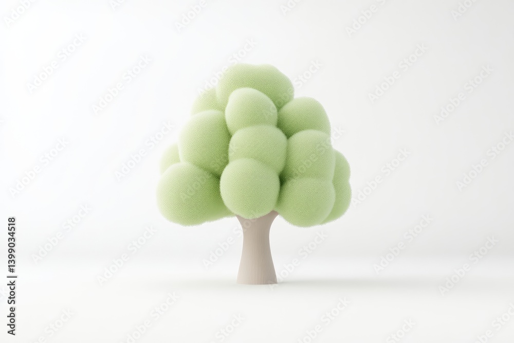Pastel green fluffy tree, minimalist style. A simple, stylized tree with a light beige trunk and light green, fluffy, rounded leaves, presented against a plain white background.